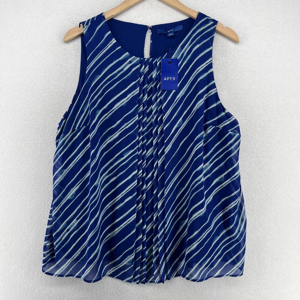 APT 9 Tank Top Womens XL Pleat Front Swing Chiffon Striped Lined Blue NEW